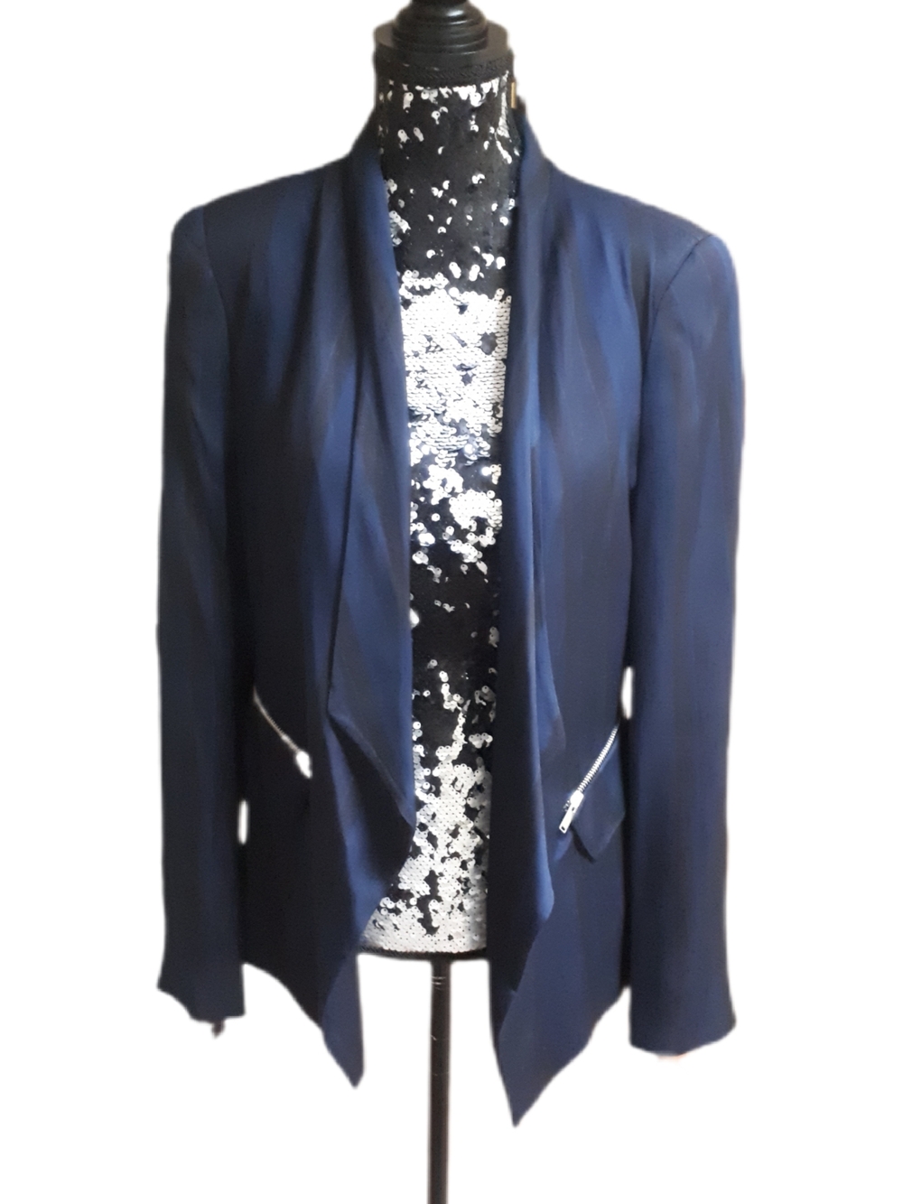 Zara navy open-front draped blazer with zip pockets